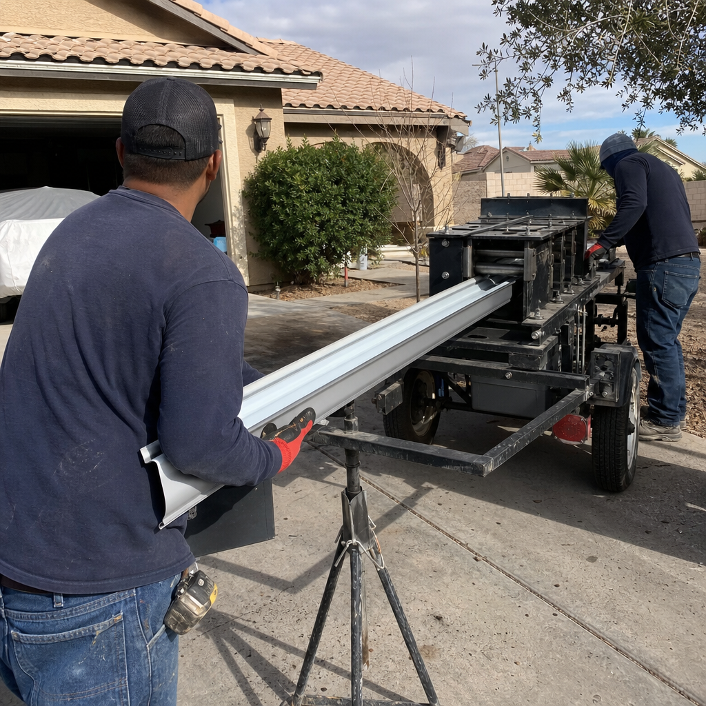 Contractor feeding gutter material into a rolling machine