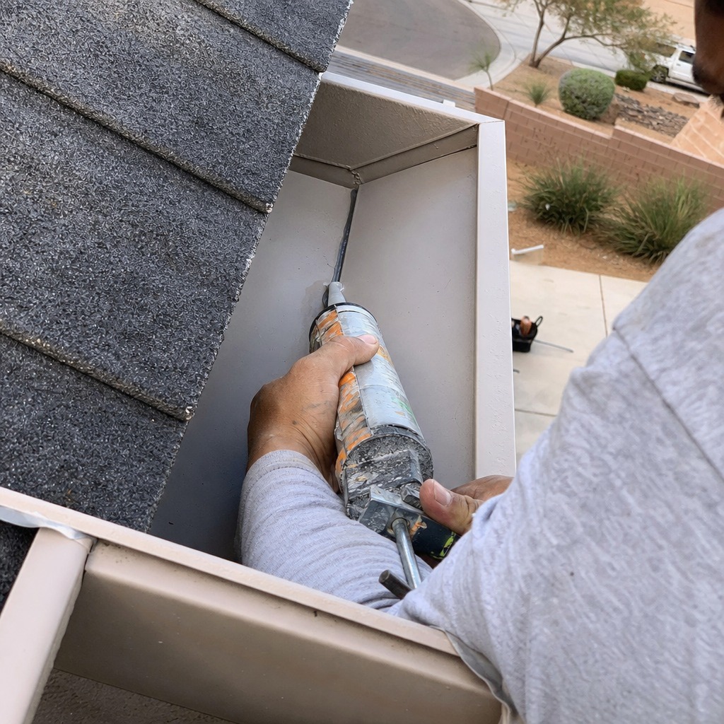 Professional sealing a gutter section with a caulk gun.