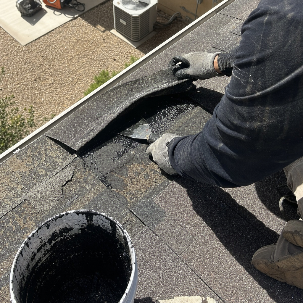 Roofer applying sealant to shingles during roof repair.