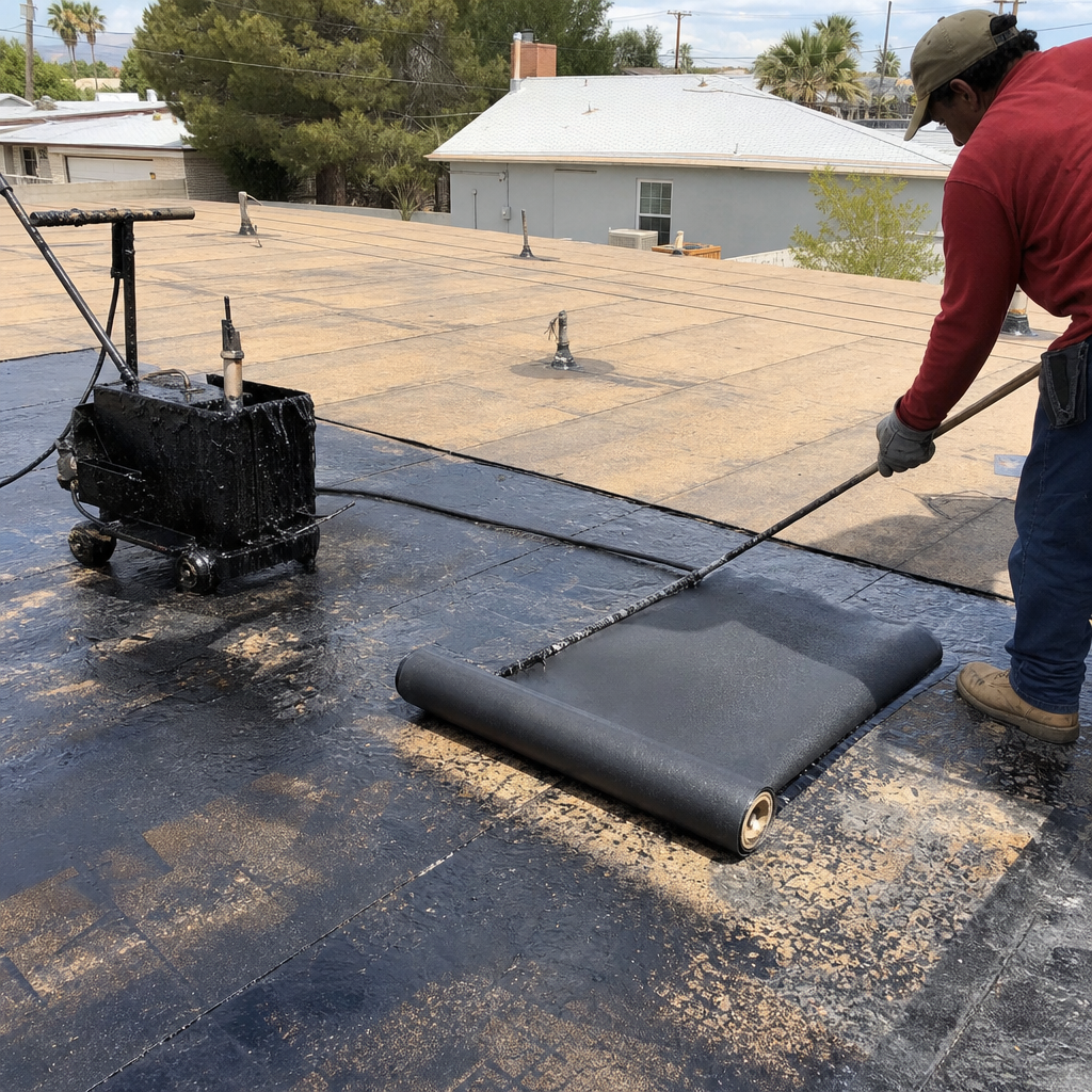 Roofer applying specialty roofing material with a torch.