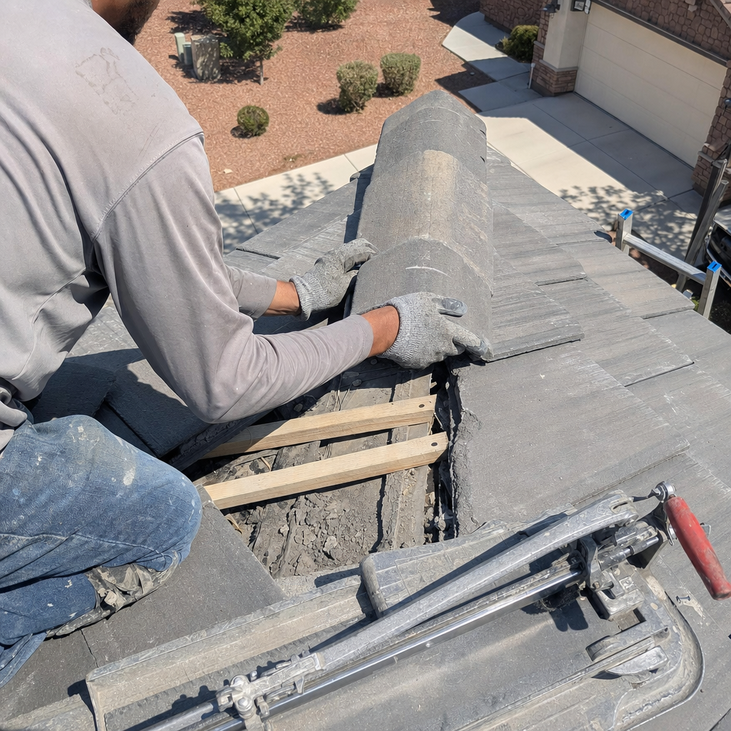Roofer installing specialty roof tile with tile cutter nearby