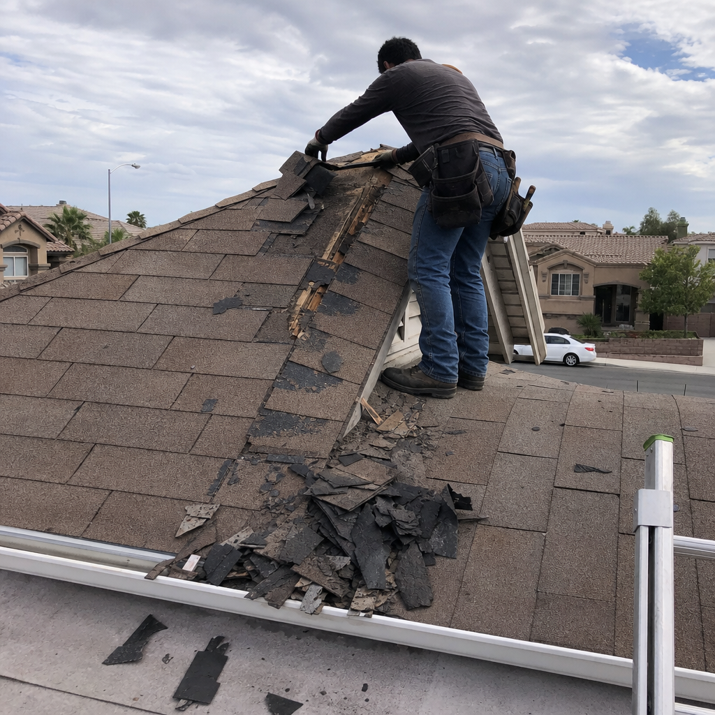Roofer repairs storm-damaged roof, removing shingles. in Clark County, NV