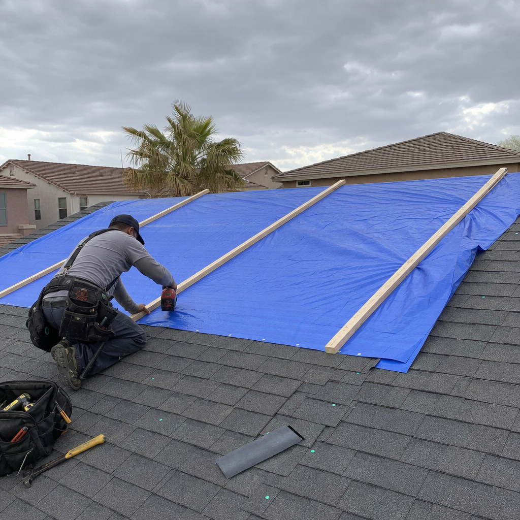 Roofer securing tarp over storm damaged roof with drill in Clark County, NV