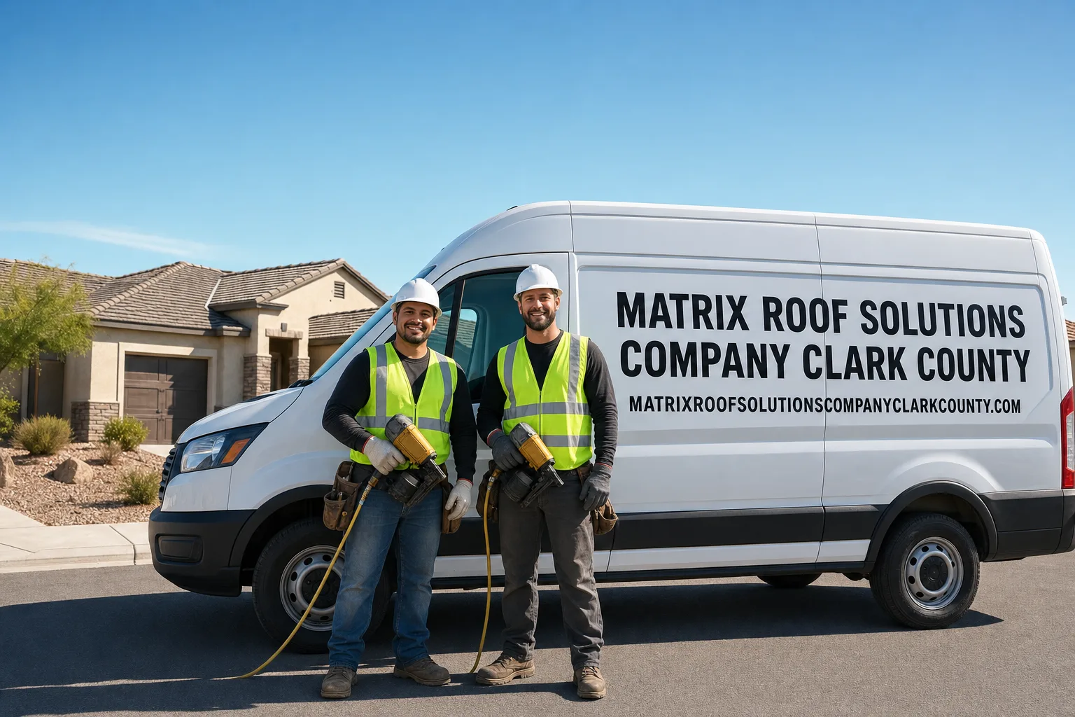 Matrix Roof Solutions Company Clark County service vehicle and crew in Clark County, NV